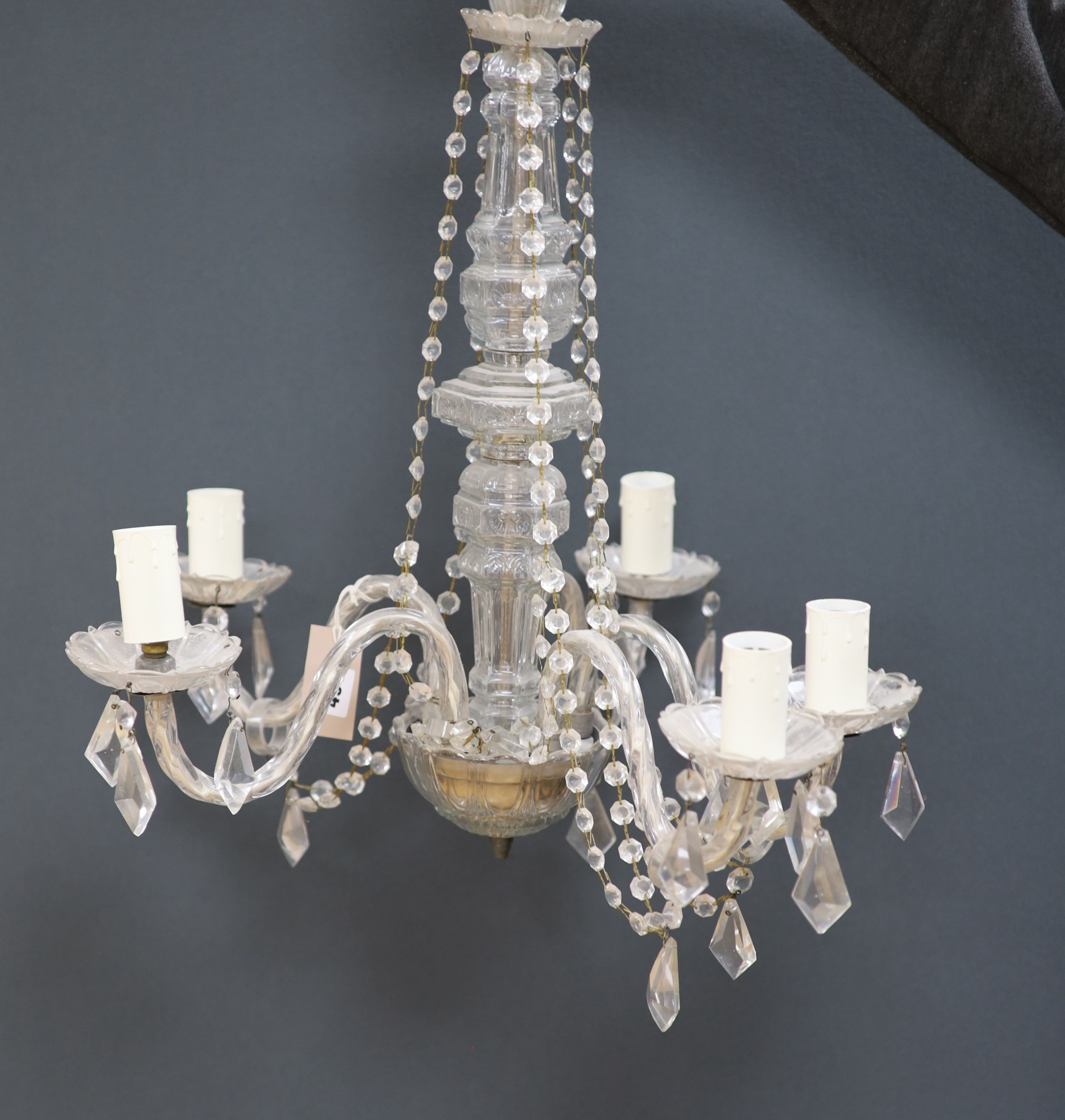 A five light glass chandelier, 62cm high